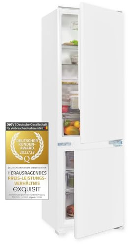 Exquisit Einbaukühlschrank mit Gefrierfach - 249 L Schlepptür | Einbau-Kühlgefrierkombination 179 L Kühlen + 70 L Gefrieren - 4-Sterne - LED - stufenlose Temperaturregelung