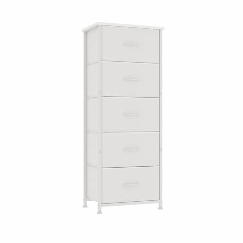 CAIYUN Kommode Schmal, Schubladenschrank, Aufbewahrungsschrank mit 5 Schubladen aus Stoff, Hoch und Schmale Holztop Komodenschrank Sideboard Möbel für Schlafzimmer/Wohnzimmer/Flur/Kinderzimmer,Weiß