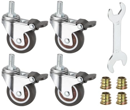PATIKIL 2 Zoll Drehbare Lenkrollen Mit Bremse 4 Stück M10x20mm TPE Gummi Gewindestift Rollen Tragfähigkeit 264 Lbs Mit Werkzeugsatz Für Möbelwagen Karren Braun