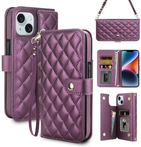 Coolden for iPhone 14 Case Wallet with Card Holder [4 Card Slots] Shoulder Strap for Women PU Leather Flip Magnetic Clasp Heavy Duty Protective Shockproof Case Cover for iPhone 14 Phone Case-Purple