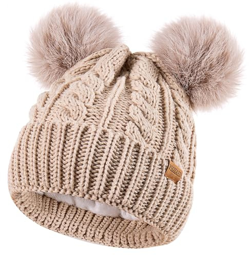 PIOZAED Women's Winter Hat Soft Knit Beanie with Faux Fur Pom Hat with Warm Fleece Lining Skull Cap for Women