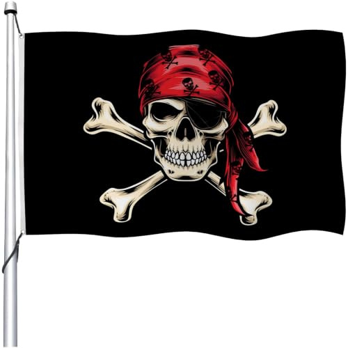 Aoihrraan Piratenflagge 90x150cm Doppelseitiges Rotes Halstuch Jolly Roger Gruseliger Totenkopf Knochen Skelett Fahnen Banner Für Draußen Haus Garten Veranda Halloween Party Dekor Mit 2 Stabilen Ösen