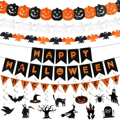 COCOMAX Halloween Decoracion Casa, Reutilizable Cosas de Halloween, Suspensión Espirales de Halloween, Happy Halloween Truco o Trato Pancartas, Adornos Halloween Fiesta Pack