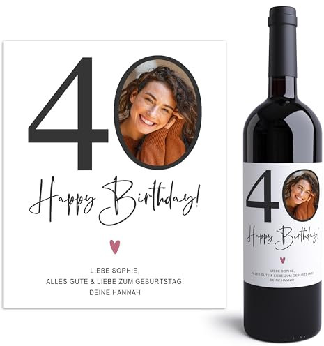 40. Geburtstag Weinetiketten personalisiert mit Foto Flaschenetiketten selbst gestalten Geburtstagsgeschenk Geschenk Weinflasche Etiketten selbstklebend 2 Stück | 10x12 cm