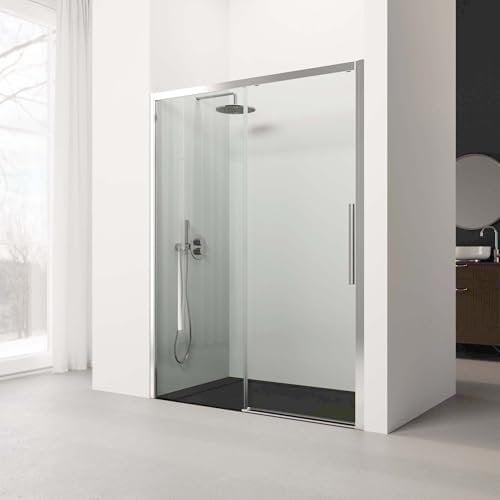 Mampara de Ducha Frontal Corredera SERIE 300F - Medidas 140-144x195 cm - Vidrio Templado, Antical, Transparente - 1 Hoja Corredera y 1 Fijo de 6 mm - Perfil Plata Alto Brillo - Reversible -REALSHOWER