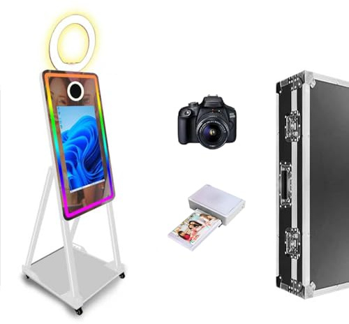 Vanya 40 in Portable Magic Mirror Photo Booth With Camera And Printer, Touch Screen Selfie Photobooth Machine, Build-in Mini PC, Stand With Wheels, With Flight Case For Wedding Party Christmas (White)
