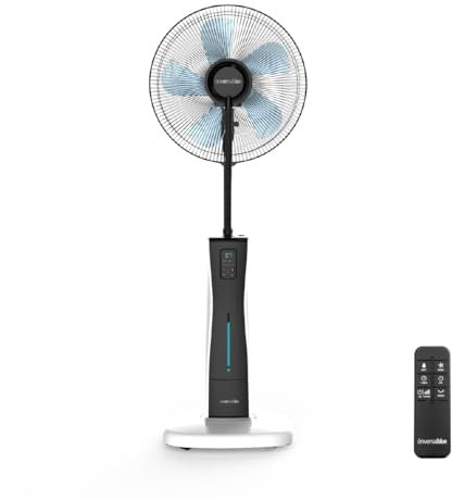 UNIVERSALBLUE Ventilador Humidificador Potente | Ventilador Nebulizador de Agua | Con Ruedas | Mando a Distancia | 3 Velocidades | Silencioso | Temporizador 12h | 5 Aspas | Blanco y Negro