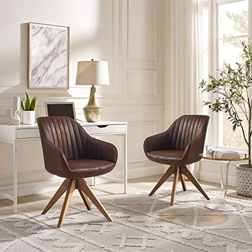 Zouron Esszimmerstühle 2er Set Kunstwildleder Holzstuhl, Drehstuhl Cognac Braun Kunstleder Buchenholzbeine Polsterstuhl Armlehnstuhl Küchenstuhl Kaffeebraun Schreibstuhl (Cognac-Holzbeine-2 pcs)
