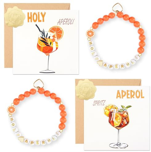 Leikedun 8PCS Aperol Geschenkset für Frauen, 2x Holy & Queen Aperol Armband, 2x Geburtstagskarte mit Umschlag, Aufkleber, Aperol Spritz Deko, Mottoparty Geschenk für Freundin