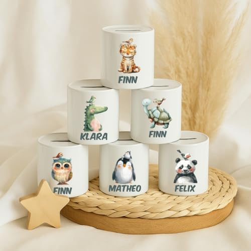 wolga-kreativ Personalisierte Spardose mit Namen – Tiermotive Panda Eule Zebra Pinguin – Kinder Spardose Keramik – Geschenk zur Taufe & Geburt – Sparschwein Kinder – Taufgeschenk Mädchen & Junge