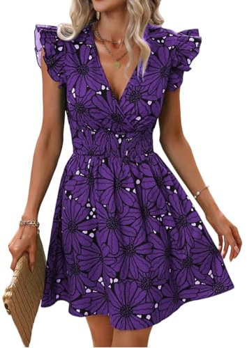 Vestiti per Casa Donna Curvy Mini Estate Floreali Estivo 2025 Eleganti Mare Abiti Eleganti Curvy Abito Corto Moda Casual Spiaggia Sexy Vestito Donna Elegante Cerimonia Corti Tubino Viola M