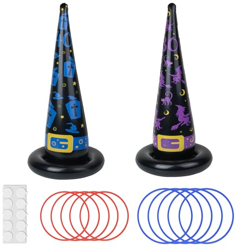 Halloween Aufblasbares Ringwurfspiel Kinder | 2 Stück aufblasbare Hexenhüte mit 10 Stück Kunststoff Ringe für Halloween Party Spiele Indoor Outdoor Party Zubehör