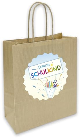 itenga Geschenkverpackung Einschulung Geschenktüte aus Papier inkl. Sticker Aufkleber Endlich Schulkind Tafel rund (Motiv Tüte Endlich Schulkind)