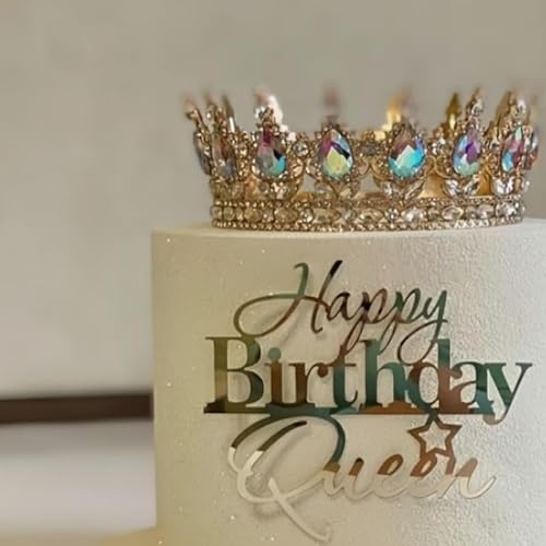 Happy Birthday Queen Cake Topper, Acryl Spiegel Gold Geburtstag Kuchen Topper mit Stern für Frauen Queen Happy Birthday Party Supplies