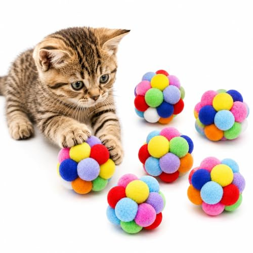 Vebetter 6 Katzenbälle 5 cm, weiche Plüschbälle, buntes Katzenspielzeug