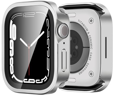 Bisikor Cover Compatibile con Apple Watch Series 9/8/7 45mm Cover con Protezione Schermo in Vetro Temperato, Custodia Protettiva PC in Metallo con Copertura Posteriore per iWatch 45mm, Argento