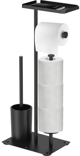 Soporte para papel higiénico de acero inoxidable con cepillo y estante, soporte para papel higiénico de pie para 4 rollos, soporte para papel higiénico inoxidable, soporte para rollos de papel