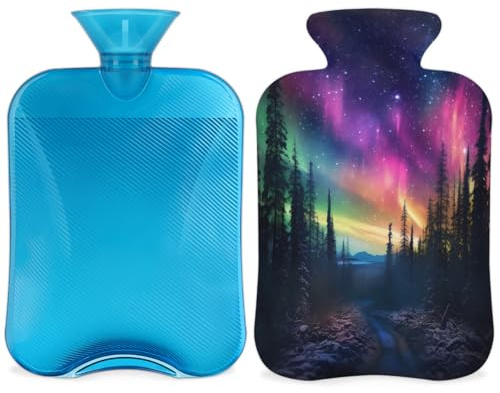 Entemne 2L Hot Water Bottle Northern Lights Aurora View Hot Water Bag with Cover Reusable Therapy Bag for Pain Relief Menstrual Cramps, Muscle Soreness Winter Warmth Gift