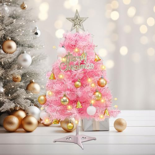 JOYWU Small Pink Christmas Tree with Lights,45cm DIY Pink Tabletop Xmas Tree Set with Star Topper,Merry Christmas Sign,Ball Ornaments,Bells,Led Light and Plastic Base,Indoor Christmas Decoration
