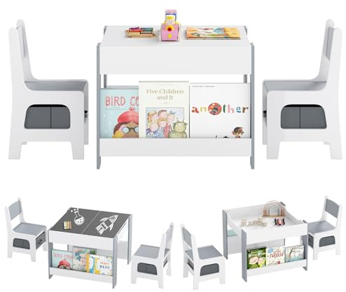 COSTWAY Kindertisch mit 2 Stühlen, 3 TLG. Kindersitzgruppe aus Holz mit wendbarer Tischplatte, Bücherregal & Boxen, Kinder Maltisch mit Stauraum für Kinder ab 3 Jahren (Grau)
