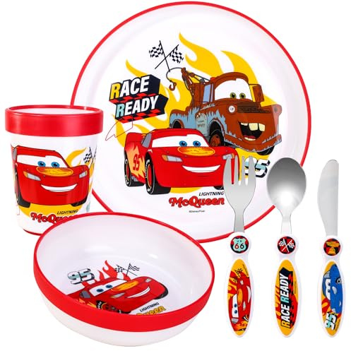 Cars Kids 6 Piece Reusable Dinner Set - Plate/Bowl/Cup/Knife/Fork/Spoon - Childrens Dinnerware Tableware Cutlery Set