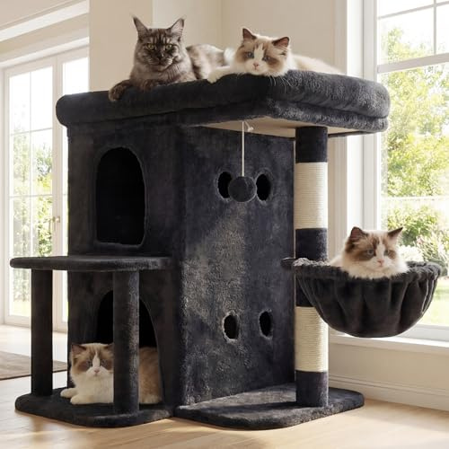 Heybly Arbre à Chat, Tour de 65 cm pour Grands Chats avec Plateforme Spacieuse, Cabines Double Couche, Poteaux à Griffes en Sisal, Panier Confortable et Pompon, Gris Fumé HCT204SG