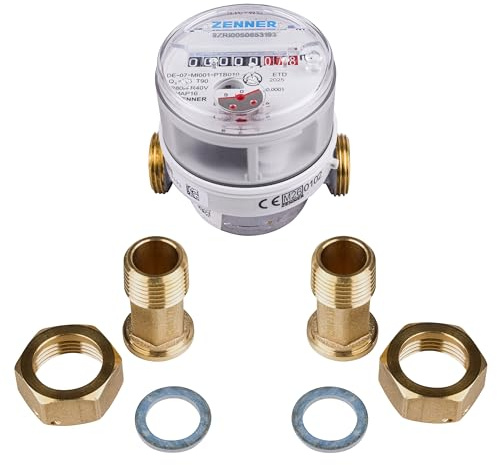 Zenner Wasserzähler 1/2 Zoll, Kalt- und Warmwasser, 80 mm Baulänge, mit Verschraubung und Dichtungsset,Eichung 2026 mit Kennzeichnung  CE M26 0102 Seitlich am Zähler.