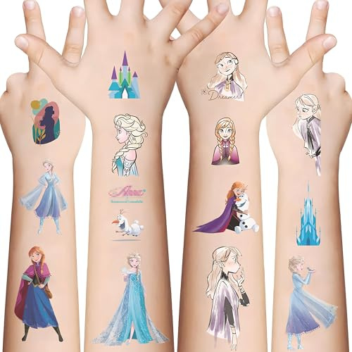 Frozen Temporäre Eisprinzessin Tattoos für Kinder – 10 Bögen Schnee Tattoo Sticker für Mädchen & Jungen, wasserfest, Fake Tattoos, Geburtstag Party Mitgebsel, Geburtstagsgeschenke & Dekoration