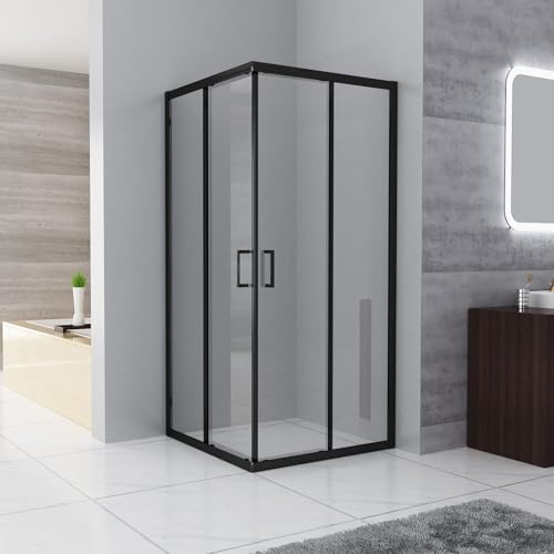 Duschkabine Eckeinstieg 90 x 90 x 185 cm mit Doppel Schiebetüren Duschwand, ESG Klar Sicherheitsglas, Schwarz Rahmen komplett Dusche Glas Duschabtrennung, ohne Duschtasse
