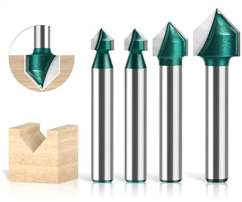Professional 4-Piece V-Groove & Chamfer Router Bit Set, 1/4 Inch Shank, for Woodworking & Metal Engraving