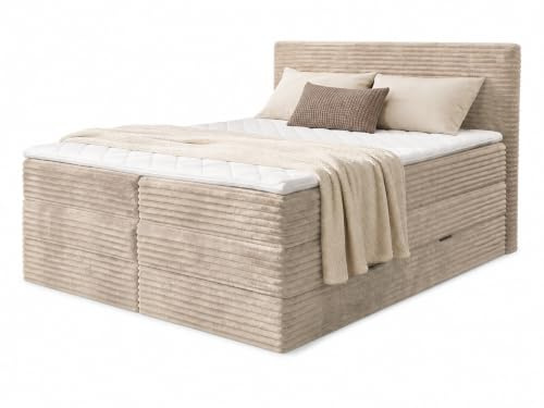 Sofnet Boxspringbett Mollo XL mit 2 Bettkästen und Topper, mit Taschenfederkern- und Bonellfederkernmatratze, Doppelbett, Polsterbett aus Cordstoff mit Stauraum (Beige (Tilia 03), 140 x 200 cm)