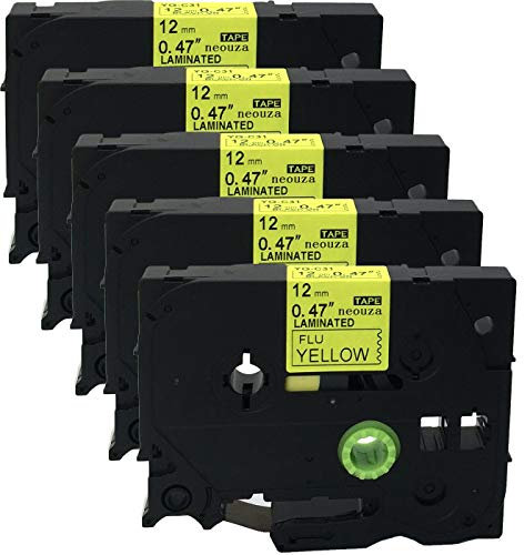 ACD.auto TZe-C31 Black on Yellow fluoreszierendes Klebeband, laminiert, kompatibel mit Brother P-Touch Tze Tze Tz, 12 mm x 8 m, 5 Stück