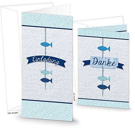 Logbuch-Verlag Set 5 Einladungskarten + 5 Dankeskarten blau Fische Einladung + Danke Karte für Kommunion Taufe Konfirmation