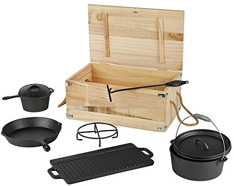 Melko Dutch Oven Set mit Topf 7 tlg. BBQ Pfanne Grillplatte Topfständer aus Gusseisen zum Grillen, Braten, Garen, Backen oder für Eintöpfe