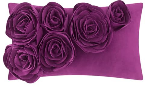 JWH 3D-Blumen-Überwurf-Kissenbezug, dekorativ, handgefertigt, weicher Samt, Lendenkissen für Bett, Wohnzimmer, Stuhl, Couch, Dekor, 30,5 x 50,8 cm, Violett-Rot