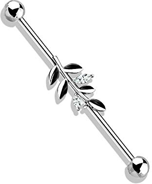 eeddoo® Industrial Piercing-Stab Barbell aus Edelstahl im Natur Design Zweig mit Kristallen ((1) Silber)