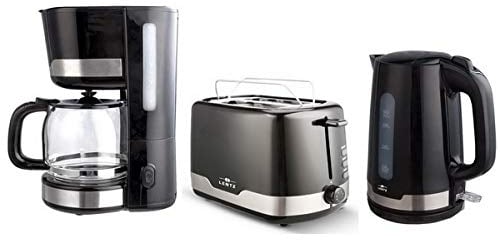 LENTZ Frühstücksset 1,5 Liter Kaffeemaschine + 1,7 L Wasserkocher + 2-Scheiben-Toaster schwarz mit Edelstahl-Applikationen