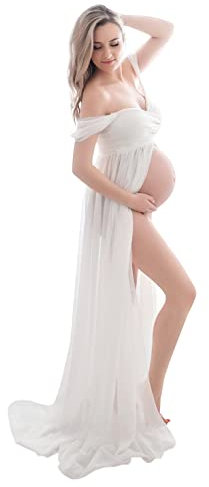 FEOYA-Femmes Enceintes Robe Dames Epaules Denudees Maternite Maxi Robes Photo Shoot Accessoires Photographie Vetements Robe de Soiree Robes de Mariee Robe sans Bretelles,M,Blanc