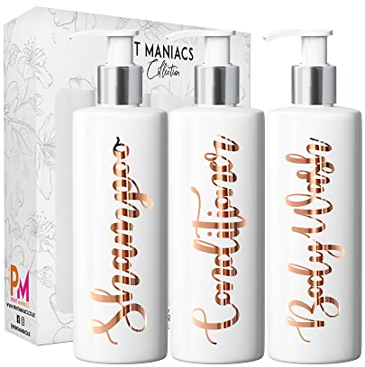 Print Maniacs 3 Set Mrs Hinch Inspired White Personalised Dispenser Pump Bottles Shampoo Conditioner Body Wash (Copper)