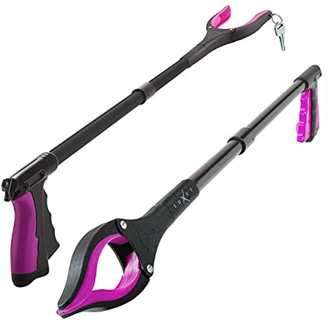 Luxet - Herramienta para recoger la basura, 2 unidades, palo plegable largo de 32 pulgadas, agarre fuerte, punta magnética, ligera, para recoger basura, herramienta para personas mayores (rosa)