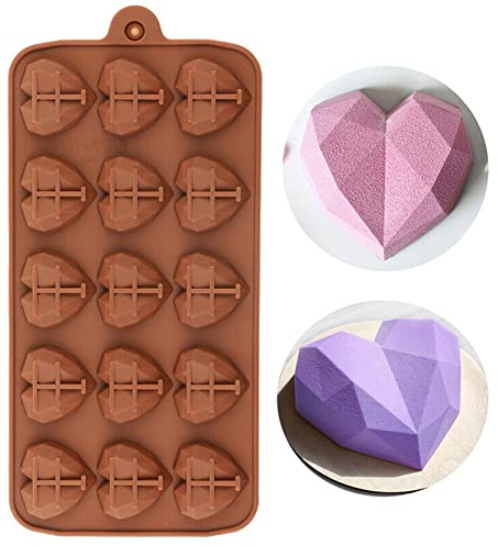 DUBENS Diamant Herz Silikonform für Valentinstag, 15 Hohlräume Herzförmige Schokoladenform Antihaft Formschale für Eiswürfel, Mousse Dessert, Süßigkeiten, heiße Schokolade
