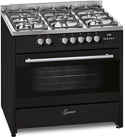 Gurari Gasherd mit Elektrobackofen GCH E 911 BL Schwarz Gas Standherd 90 cm | Range Coocker 5 Kochzonen 3,8 kW WOK | Freistehender Gasherd Propangas/Erdgas | 8 Multifunktions Elektro Backofen 121 L
