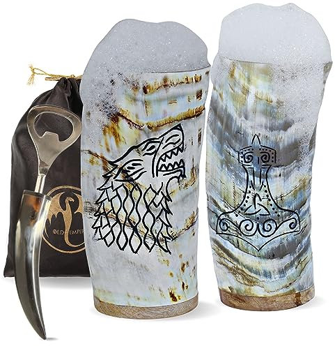 OLDEMPEROR Juego de 2 vasos vikingos con abridor de botellas, vaso único de 8 onzas, cuernos de buey auténticos, regalos vikingos para hombres y mujeres, hechos a mano, acabado brillante grabado