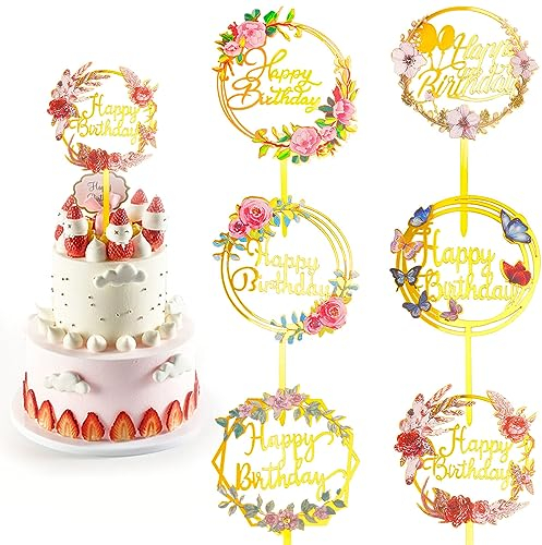 6 Pcs Multi-Patterned Acrylic Cake Topper Set - Perfect for Birthday Cake Decoration and Party Celebration - Happy Birthday Theme