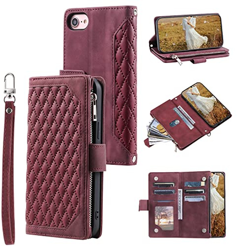 QLTYPRI Handyhülle für iPhone SE 2022 5G/iPhone SE 2020/iPhone 8/iPhone 7, Gesteppte Leder Hülle Wallet Case mit Handschlaufe Kartenhalter Reißverschluss Brieftasche Handytasche Schutzhülle - Rotwein