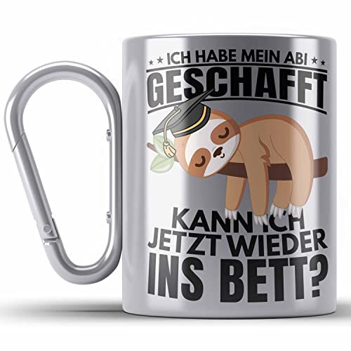 Trendation - Abi 2023 Geschenk Abschluss Abitur Edelstahl Tasse Karabiner Faultier Abifeier Geschenkidee (Silber)