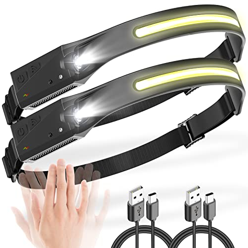 UNBON Stirnlampe LED Wiederaufladbar, 2 Stück LED Kopflampe Stirnlampe Aufladbar Extrem Hell mit 5 Lichtmodi 230 Grad Bewegungsmelder Leichte Wasserdichte Stirnlampe USB C für Laufen Joggen Angeln