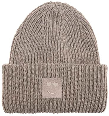 Zwillingsherz Slouch-Beanie-Mütze mit Wolle - Hochwertige Strickmütze mit Herz Smileys Patch für Damen Mädchen – Hat - Grobstrick - One Size - warm und weich für Frühling Herbst und Winter