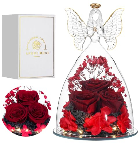 Faneeyo Engel Geschenke für Frauen, DREI Konservierte Blume Rosen in Glas Engel Geburtstagsgeschenk für Sie, Engel Rose Figuren Geschenk für Valentinstag Muttertag Weihnachten.WeinRot