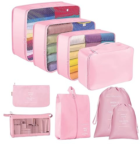 Packing Cubes for Suitcase,Lychico 9pcs Travel Luggage Packing Organizers Waterproof Travel Essentials Bag Clothes Shoes Storage Bags, Pink